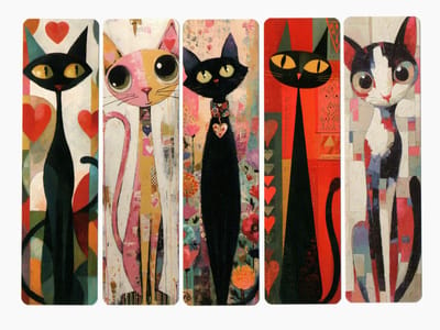 Viwado® - Set van 5 Boekenleggers - Artistieke Katten Illustraties - Modern Design voor Lezers & Kattenliefhebbers