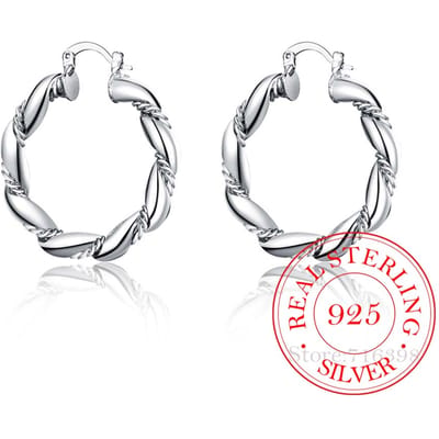 925 Sterling Zilver Eenvoudige Grote Touw Cirkel Vintage Hoepel Oorbellen Voor Vrouwen Zilveren Sieraden Pendientes white