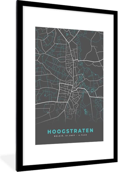 Fotolijst incl. Poster - België – Hoogstraten – Stadskaart – Kaart – Blauw – Plattegrond - 80x120 cm - Posterlijst