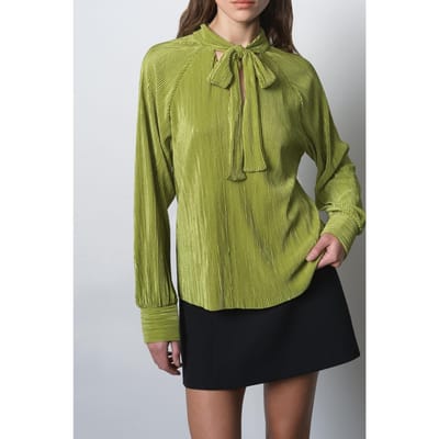 French Connection Rylah Plisse Ls Tie Nk Shirt Winter Olive Green Winter Olive Maat: XS | Longsleeves Outlet | Dames | Groen
