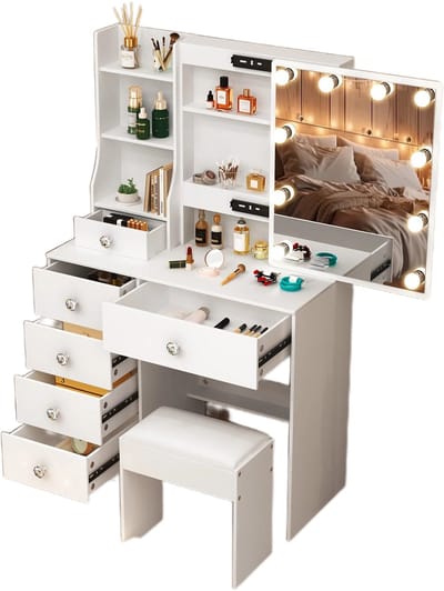 RosaBloom Kaptafel - Makeuptafel - Met Spiegel - Dimbare LED verlichting - 6 Lades - Inclusief Krukje - 80x36x130 cm - Wit