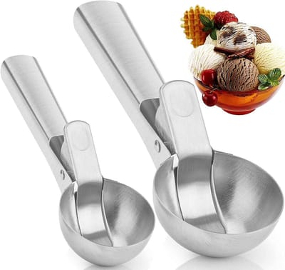 Professionele RVS IJslepel Set van 2 met Antislip Handvat en Trigger - Geschikt voor IJs, Koekjes en Taartdeeg