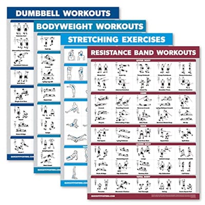 4-delige set workoutkaarten voor haltertraining, lichaamsgewichttraining, rekoefeningen en weerstandsbanden