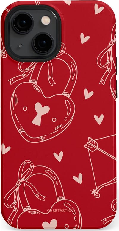 Casetastic Hoesje Geschikt voor Apple iPhone 13 Mini Magsafe - Stijlvolle Beschermende Duo-layer Case - Hartendief - Liefdes Slotjes - Valentijn - Valentine - Love - Rood Wit