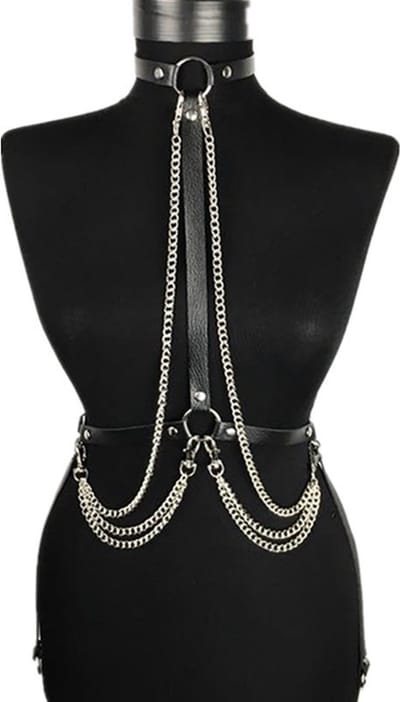 Nooitmeersaai - Harnas Vrouw - Leer - Kettingen - Zwart - BDSM Extreme - Bondage Harnas