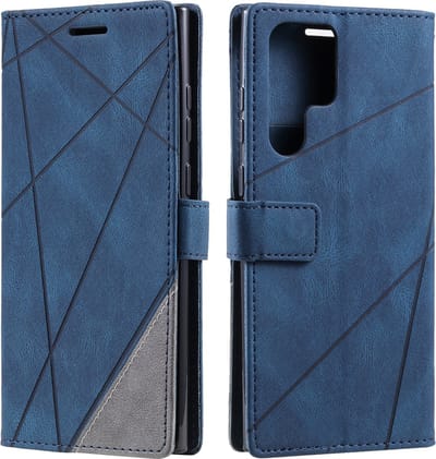 YPCd Portemonnee Hoesje Geschikt voor Samsung Galaxy S24 Ultra – PU Leren Bookcase met Magnetische Sluiting – Pasjesvakken & ID-Venster – Standfunctie – Donkerblauw