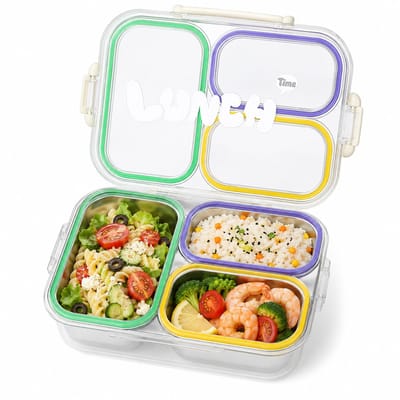 VHV-304 Roestvrijstalen Bento Box met 3 Vakken - 750ml Lekvrije Lunchbox voor School en Werk - Magnetronbestendige Maaltijdbox - Duurzame Lunchtrommel - Groen, Paars, Geel