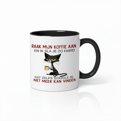 Witte & Zwarte Mok 330ml – Grappige Kattenquote “Raak Mijn Koffie Aan En Ik Sla Je Zo Hard Dat Zelfs Google Je Niet Meer Kan Vinden” Koffiebeker