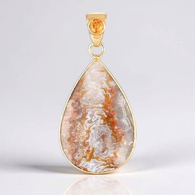 Cavill - Peervormige zilveren hanger - 925 Sterling verguld - Druzy Agaat 23,8 ct & Mandarijn granaat 0,35 ct - Balinees modern