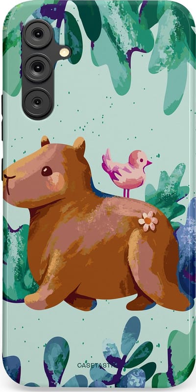 Casetastic Hoesje Geschikt voor Samsung A34 (5G) - Stijlvolle Beschermende Duo-layer Case - Capibara Vogeltjes Vriend