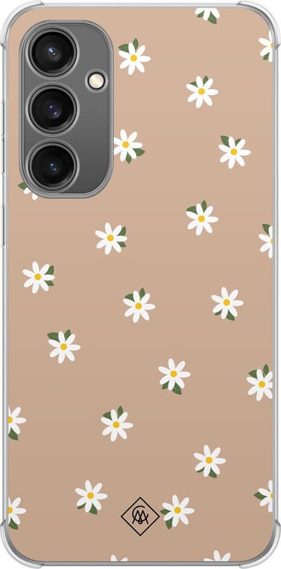 Casimoda® hoesje - Geschikt voor Samsung Galaxy S23 FE - Sweet Daisies - Shockproof case - Extra sterk - TPU/polycarbonaat - Bruin/beige, Transparant