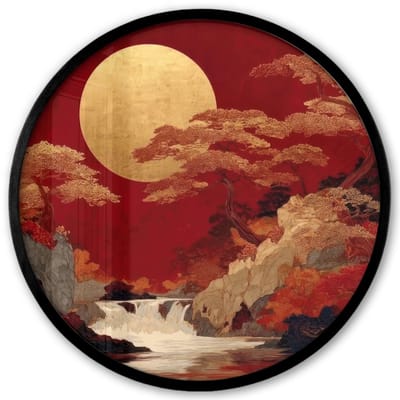 Poster in lijst Rond - Fotolijst 40x40 cm - Posters - Volle maan - Landschap - Waterval - Ronde posterlijst zwart - Decoratie - Wanddecoratie woonkamer - Muurdecoratie slaapkamer