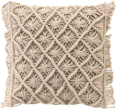 Decoratief Kussen Macrame 40 x 40 cm in Beige Katoen met Vulling voor Bank of Stoel, Zachte Kussens voor Interieurdecoratie