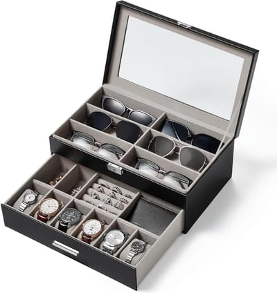Opbergdoos Zonnebrillen - Horlogebox Sieraden - Spullen Organiseren - Dubbellaags Ontwerp - 34 x 20 x 12.5 cm - Zwart