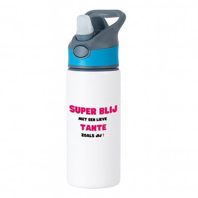 Hacebo® - super blij met een lieve tante zoals jij waterfles met rietje blauw - Tante - de liefste tante - verjaardag - cadeautje voor tante - tante artikelen - kado - geschenk - water fles - 650ML