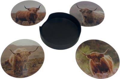 Onderzetters voor glazen set van 4 schotse hooglander met houder glas ø 10 cm | G6249017 | Stoer & Sober