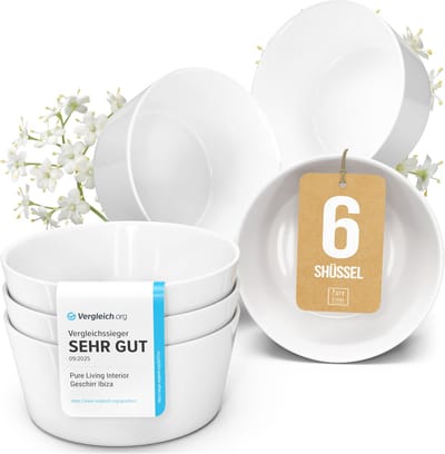 Pure Living Crystal Kommen - Wit - 6 Stuks (Ø 16 cm) - Porselein - Kras- En Stootvast - Magnetron & Vaatwasserbestendig