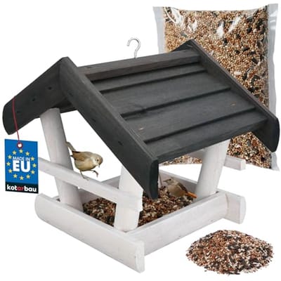 KOTARBAU® Hangend houten, 24x30,5x25,5 cm, Inclusief 0,5 kg Vogelfoer, Vogelvoederhuisje, Vogelvoederhuisje om op te Hangen, Voederhuis, Wit & Antraciet