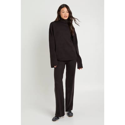 boohoo Dames Lang Superzachte Rolkraag Oversized Trui en Wijde Broek Co-Ord | Black | Maat: Small