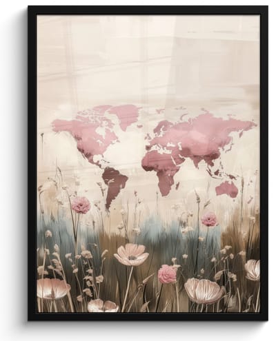 Poster in lijst - Fotolijst 60x80 cm - Posters - Wereldkaart - Roze - Bloemen - Posterlijst zwart - Decoratie - Wanddecoratie woonkamer - Muurdecoratie slaapkamer