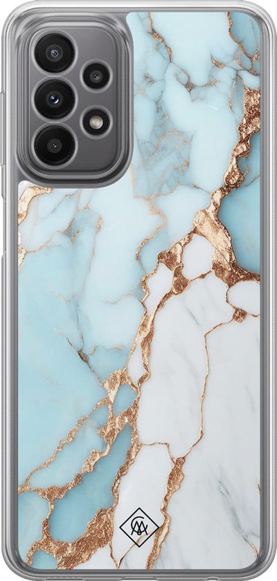 Casimoda® hoesje - Geschikt voor Samsung Galaxy A23 - Marmer Lichtblauw - 2-in-1 case - Schokbestendig - Marble design - Verhoogde randen - Blauw, Transparant