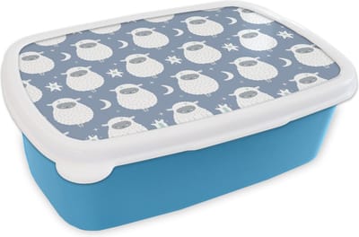 Broodtrommel Blauw - Lunchbox - Brooddoos - Schapen - Nacht - Maan - Patronen - 18x12x6 cm - Kinderen - Jongen