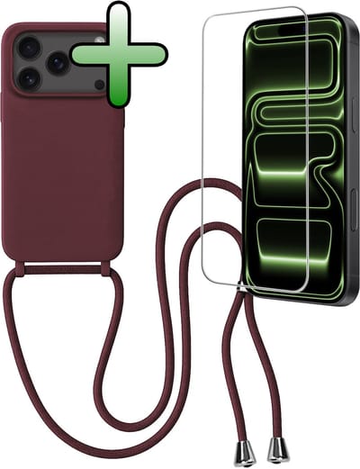 Hoes Geschikt voor iPhone 17 Pro / 18 Pro Hoesje Met Koord Met Screenprotector - Telefoonhoesje Geschikt voor iPhone 17 Pro / 18 Pro Backcover Met Afneembaar Koord - Aubergine
