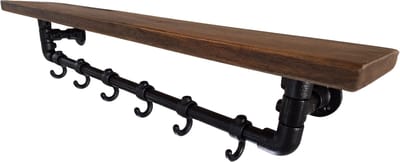 Hoexs - Industriële Wandkapstok - Mangohout - Kapstok met Bovenplank - Zwart - 90 Cm - 6 Haken - Inclusief Bevestigingsmateriaal - Decoratie