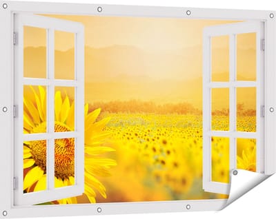 Gards Tuinposter Doorkijk Zonnebloemen Veld met Zonopkomst - 120x80 cm - Tuindoek - Tuindecoratie - Wanddecoratie buiten - Tuinschilderij