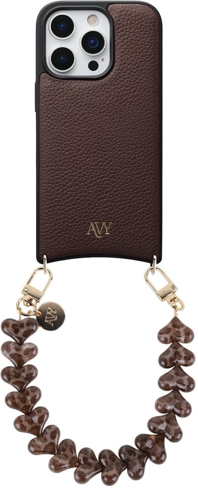 AVY Leren Hoesje Geschikt voor Apple iPhone 16 Pro Max | Compatibel met MagSafe | Leather Case met Telefoonkoord | Polsband | Chocolate | Cupid Leopard