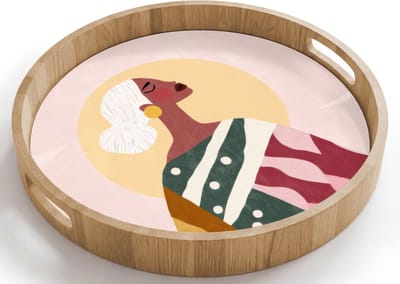 Dienblad rond 40x40 cm - Schootdienblad hout - Vrouw - Zon - Kleurrijk - Borrelplank rechthoek - Plateau houten dienbladen