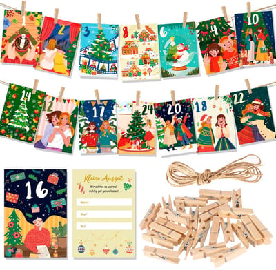 Dailygoods- Adventskalender 2025 - Kerstkalender voor Vriendin - 24 Kaarten - Houten Klemmen - Ideaal voor Kerstdecoratie