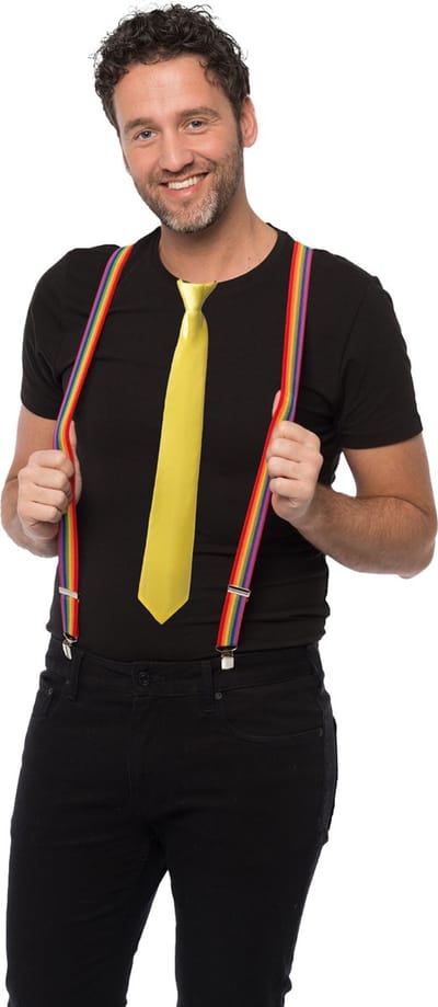 Carnaval verkleedset bretels en stropdas - regenboog - geel - volwassenen/unisex - feestkleding