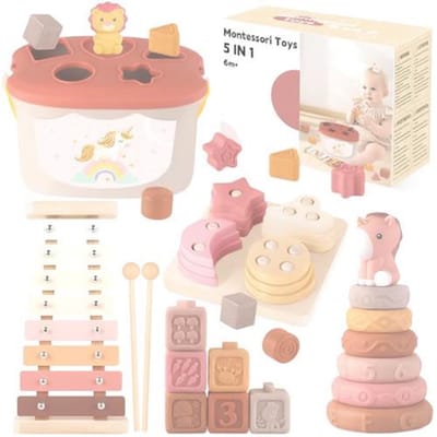 5-in-1 Montessori Babyspeelgoed 6-12 Maanden – Kruipspelletjes met Houten Xylofoon, Stapelkubussen en Vormsorteerder
