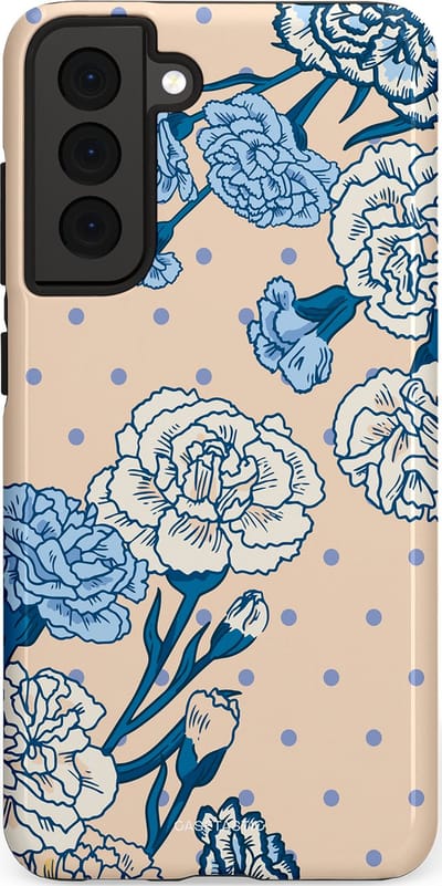 Casetastic hoesje geschikt voor Samsung Galaxy S21 FE 5G - Dubbellaagse bescherming - Anjer elegantie - Fashion Case - Zand Zilver Lichtblauw