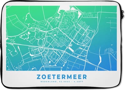 Laptophoes 14 inch - Stadskaart - Zoetermeer - Blauw - Nederland - Laptop sleeve - Binnenmaat 33x23 cm - Zwarte achterkant