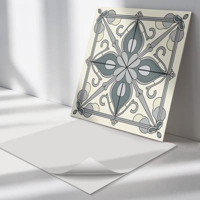 Wallfluent Vinyl Tegels - Bloemenpatroon met Ornamenten Zelfklevende Vinyltegels - 30 cm x 30 cm - Grijs Vinyl Tegels - Set van 9 - Vierkant PVC Tegels - Texturen Plaktegels - Vloer Tegels PVC - Plaktegels Keuken en Badkamer
