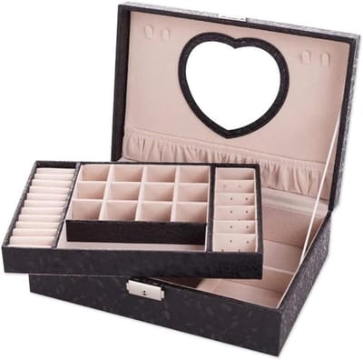 Sieradendoos Leren Opbergdoos - Juwelendoos Dames - Sieraden Organiseren - Hartvormige Spiegel - 26 x 18.5 x 8cm - Zwart