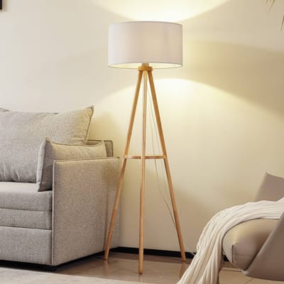 Lindby - vloerlamp - 1licht - Stof, rubberboom - H: 147 cm - E27 - wit, licht hout