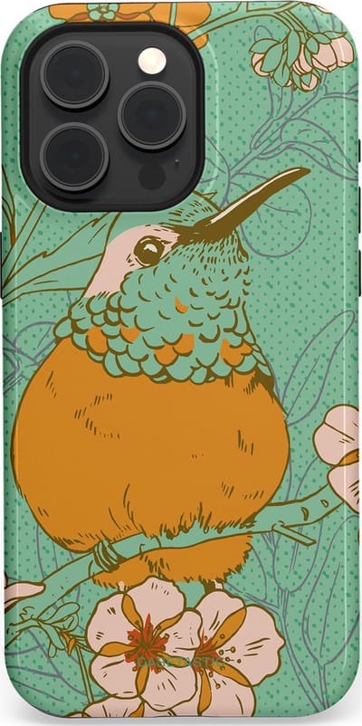 Casetastic hoesje geschikt voor Apple iPhone 15 Pro Max - MagSafe - Dubbellaagse bescherming - Bloesem Kolibrie - Fashion Case - Mintgroen Okergeel Zand