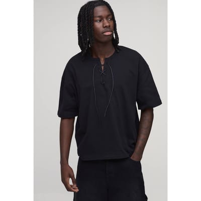 Oversized Boxy T-shirt Met Trekkoord En V-hals | Black | Size Small