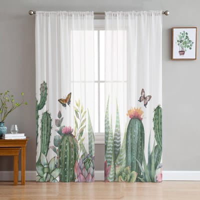 Ins Stijl Tuin Cactus Tropische Plant Transparante Gordijnen voor Slaapkamer Woonkamer Voile Raamgordijnen Tule Gordijnen voor Kinderkamer 135W x 114H(cm) white