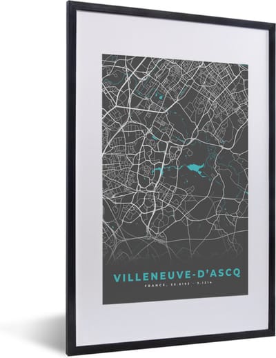 Fotolijst incl. Poster - Villeneuve-d'Ascq - Frankrijk - Stadskaart - Kaart - Plattegrond - 40x60 cm - Posterlijst