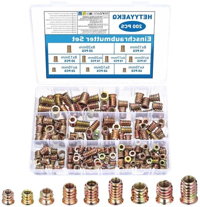 200 Stuks Schroefhulzen Assortiment M4 M5 M6 M8 voor Hout, Inclusief Draadbussen en Moeren voor Meubels