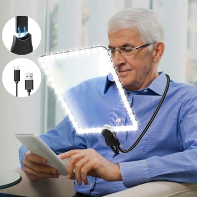 Deze 3x vergrootglas met groot formaat is voorzien van een oplaadbare - handsfree lamp - een flexibele zwanenhals en een ultraheldere lens van 25,7 x 18,7 cm - waardoor hij ideaal is voor lezen - reparaties en naaien.