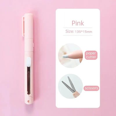 Schaar en papiersnijmes Penvormig snijmes Zakformaat draagbare papiersnijder voor Bullet Journaling Journaling Crafting roze