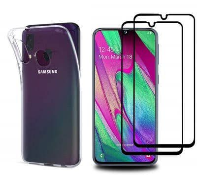 Hoesje Ultraslank geschikt voor Galaxy a40 backcover siliconen Transparant en 2 stuks ScreenProtector Gehard Glas met zwarte randen