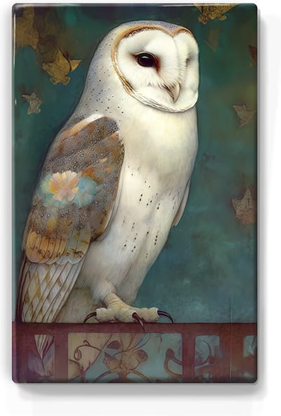 Ochtend Ballet: Witte Uil en Dansende bladeren - Handgelakt - 19,5 x 30 cm - Niet van echt te onderscheiden schilderijtje op hout - Mooier dan een print op canvas - Laqueprint.