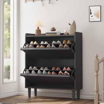Smal Schoenenkast 2 Kleppen Voor 12-16 Paar Schoenen - 87x26x95cm - Schoenenrek - Schoenenmeubel Hout - Verstelbare Planken - Minimalistisch - Ruimtebesparend - Voor Hal Woonkamer - Zwart