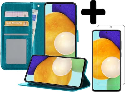 Hoesje - Met Screenprotector - Geschikt voor Samsung Galaxy A52 5G - Luxe Pasjeshouder - Bookcase Portemonee - Flip Case - Kunstleer Book Case - Flipcase - Book Cover - Walletcase - Portemonneehoes - Telefoonhoesjes - Turquoise